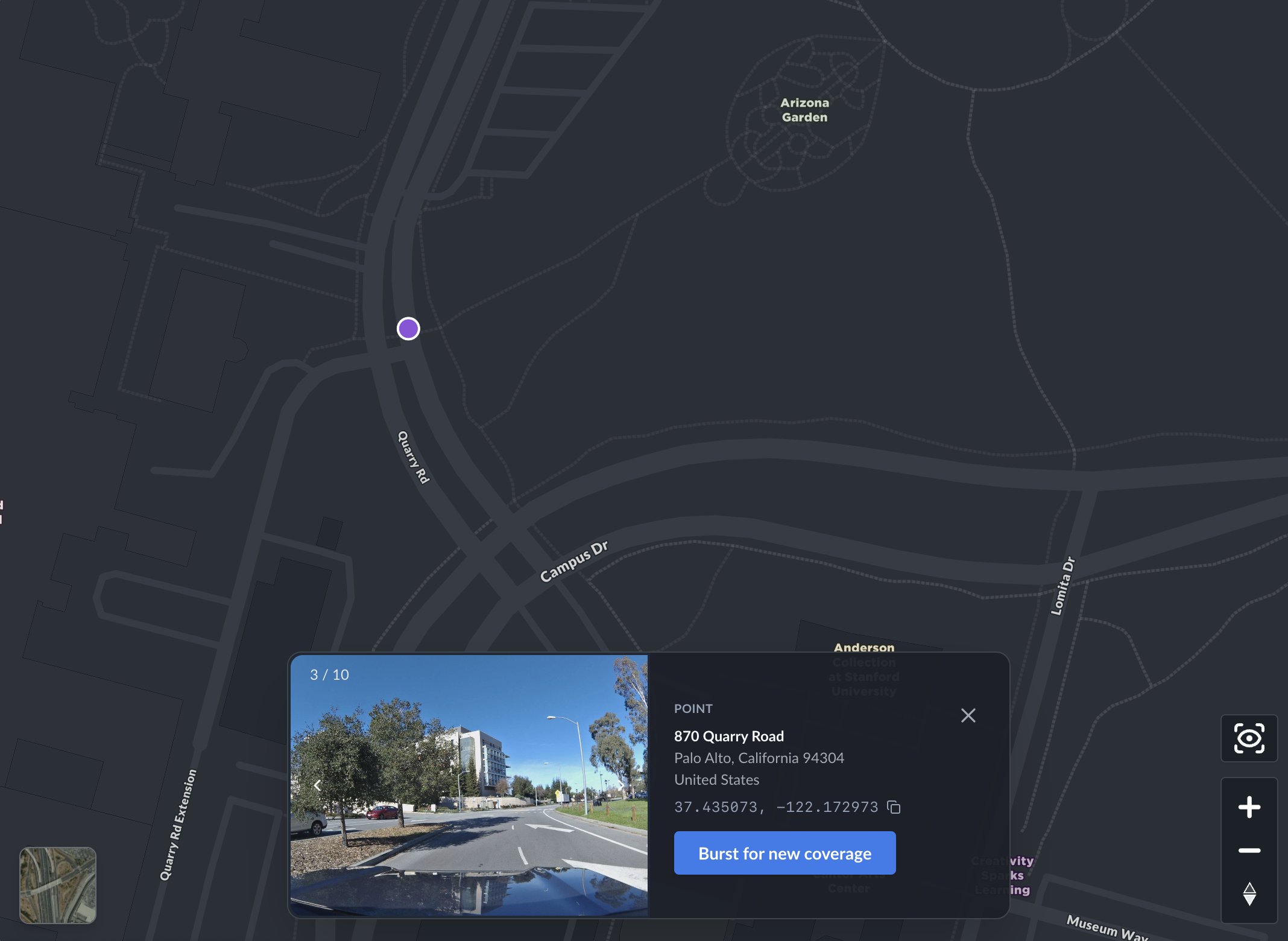 Browsing imagery at a specific point on the map — 870 Quarry Road in Palo Alto, showing photo 3 of 10