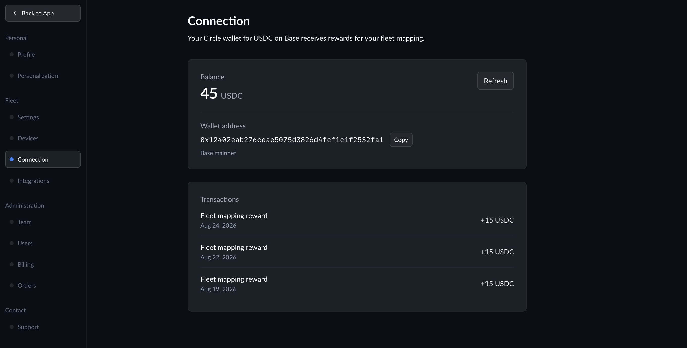 Fleet Connection page showing the Circle Wallet balance, wallet address, and USDC transaction history